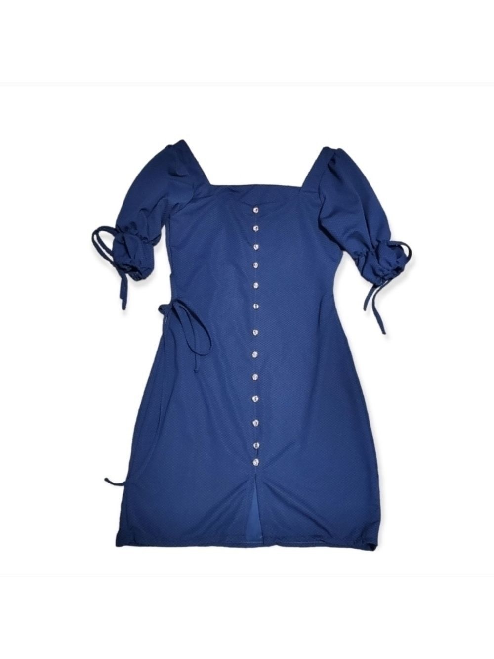 Navy Blue Printed Dress with Gold Button Accent